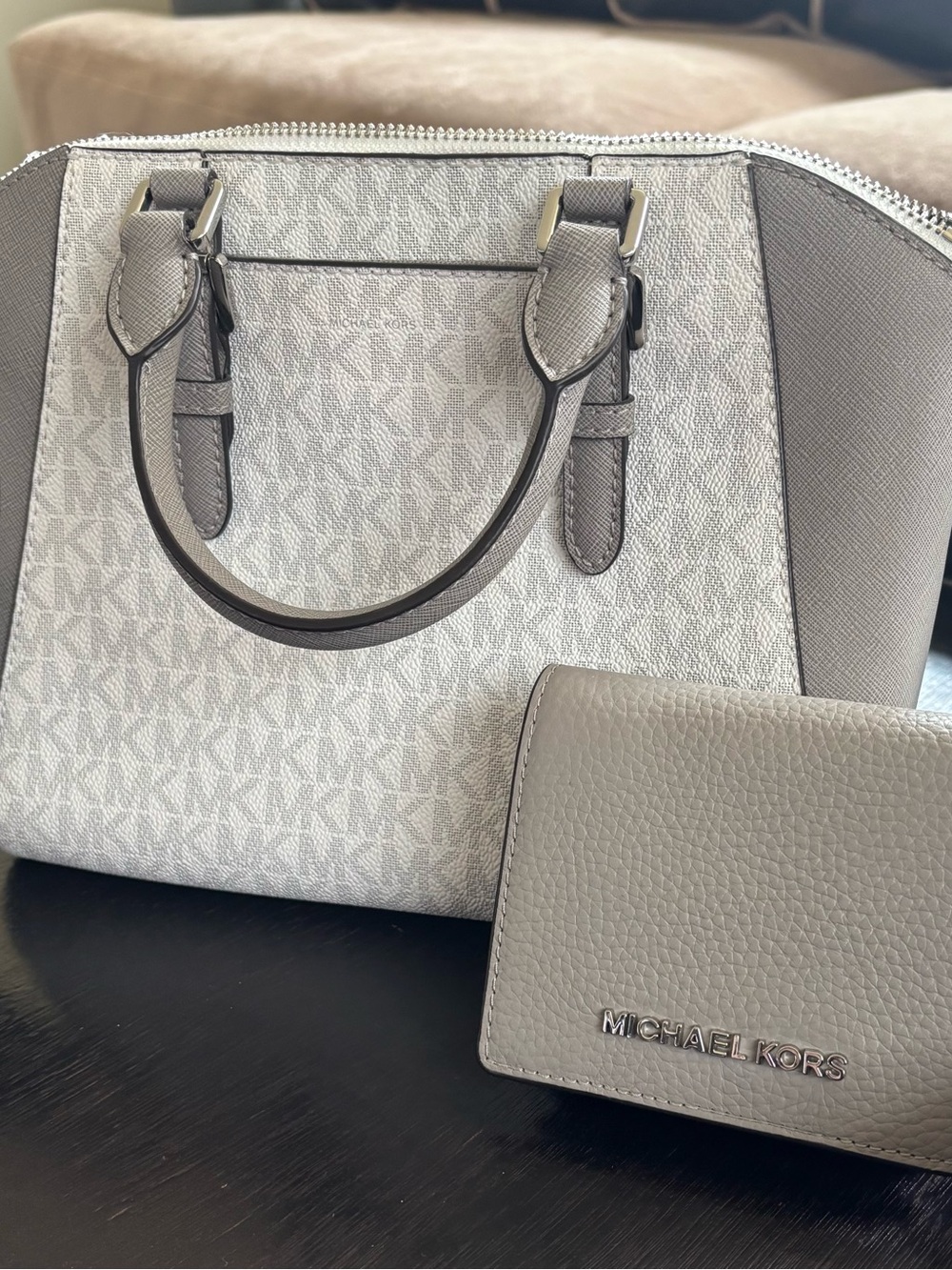 Michael Kors Logo Dome Satchel in Light Gray and Silver - Picture 5 of 9